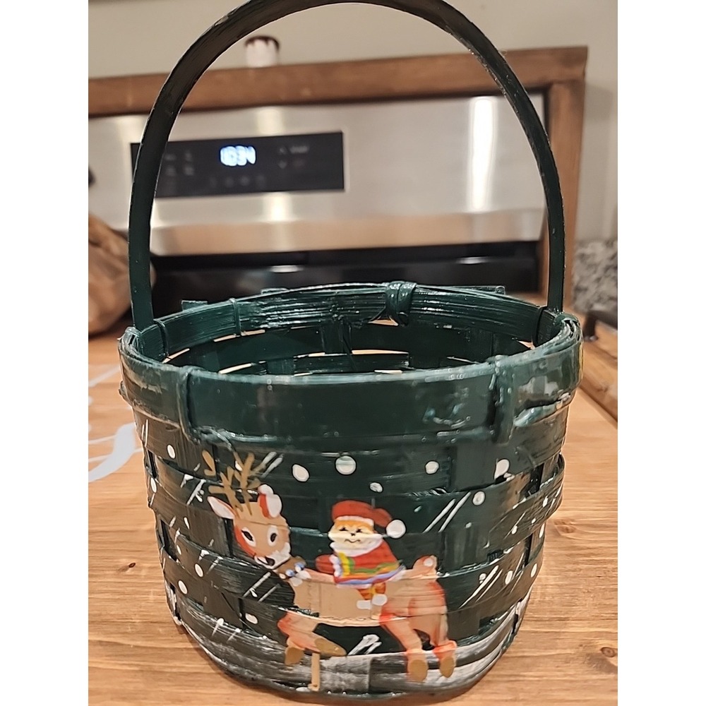 Hand Painted Woven Hanging Christmas Basket‎ Santa And Reindeer Design